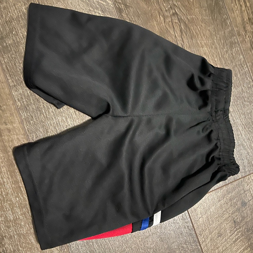 Black Athletic Shorts with Red and Blue Stripes